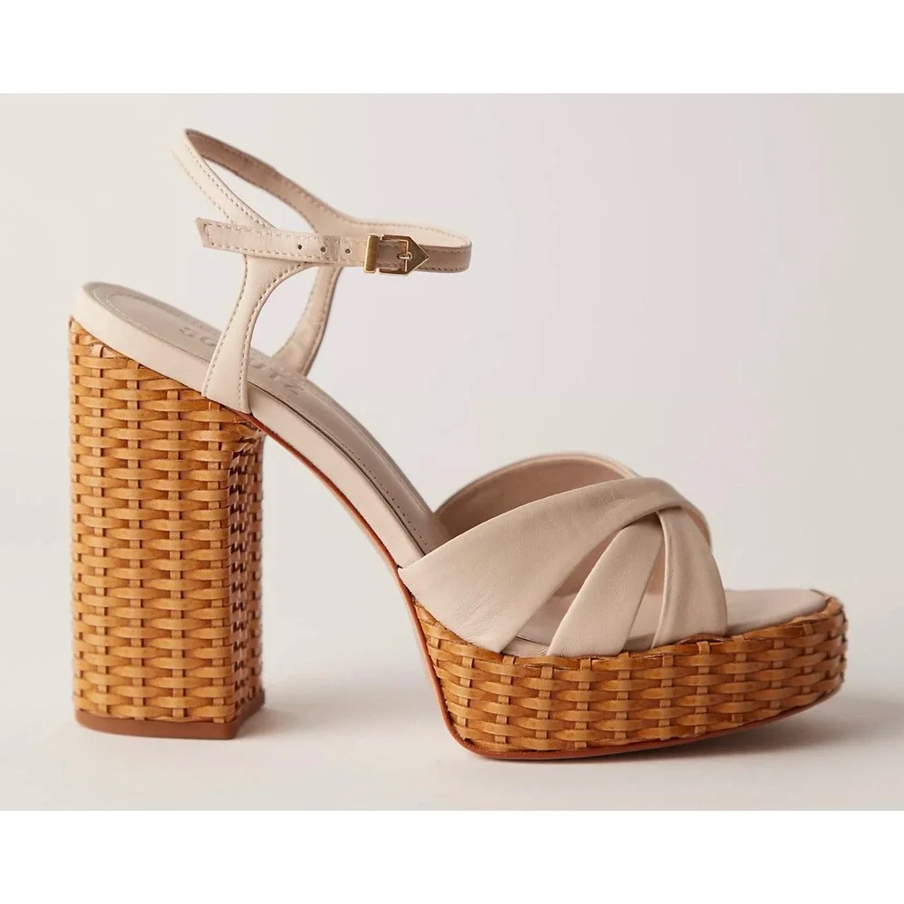 New Schutz Keefa Straw Platform Sandals Off White Leather‎ Woven Block Heel 9.5